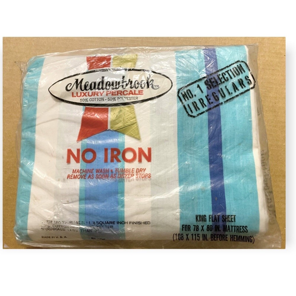 NOS Vintage Coastal Watercolor Blue White & Aqua Stripe Flat King Sheet 180 TC